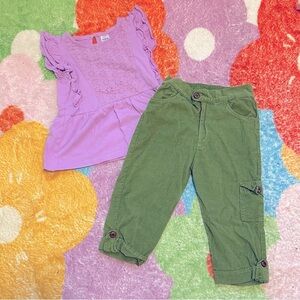 Oshkosh Ruffle Top + Vintage Olive Green Corduroy Cargo Capri Pants Set - 4T